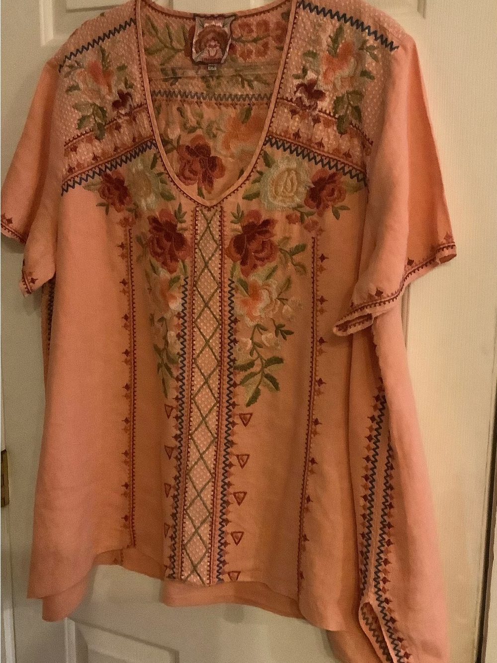 Johnny Was Embroidered Linen Tunic in Peach, Size 2X, Vintage.